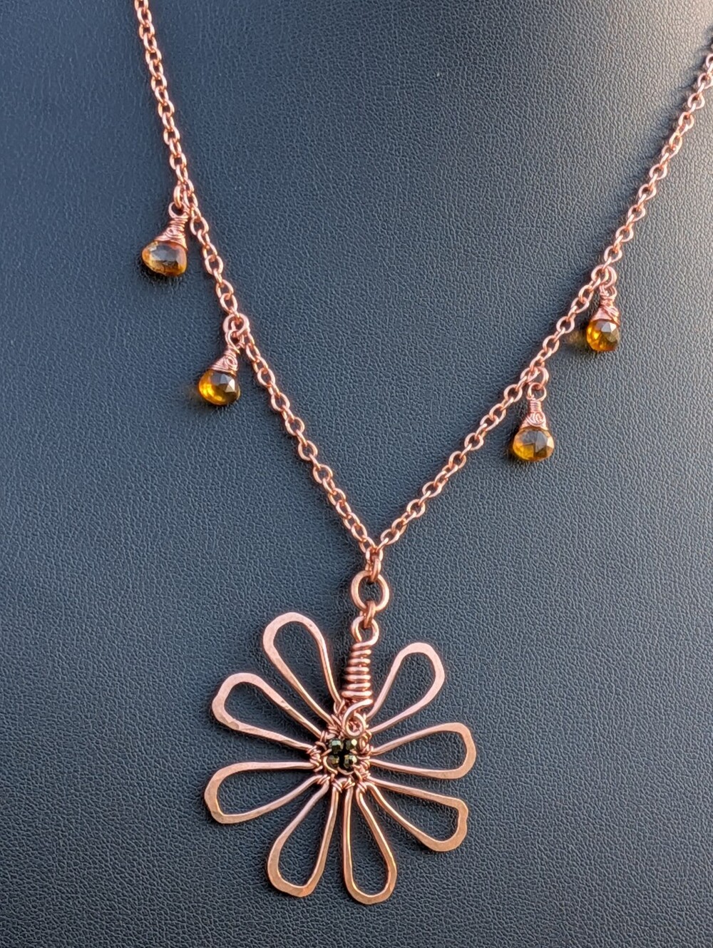 Adjustable Copper Flower Necklace Rare Cognac Quartz Gemstone Drops - Picture 15 of 16